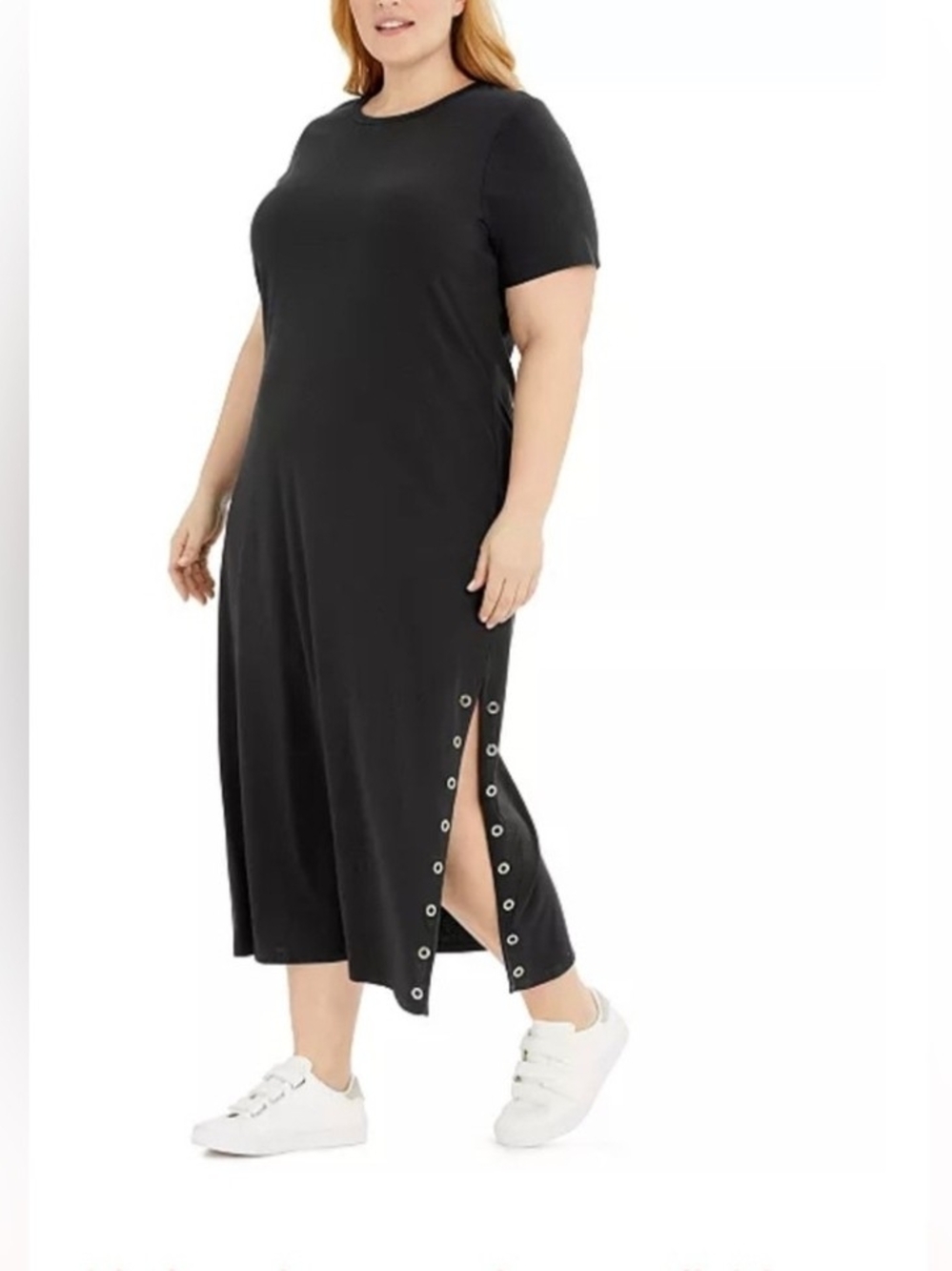 Michael Kors Black Short Sleeve Eyelet Side-Slit Maxi Dress Tee Dress